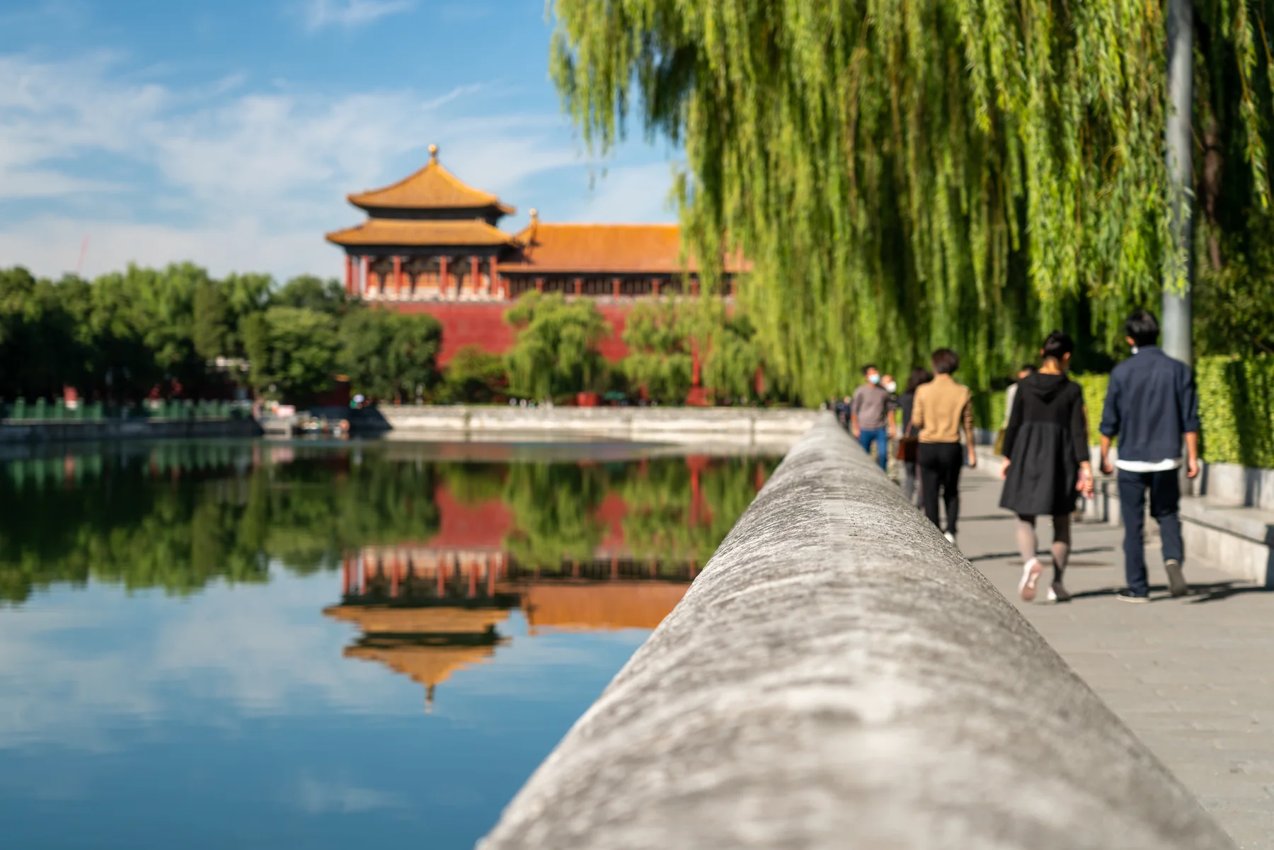 People walking beside the Forbidden City moat in Beijing